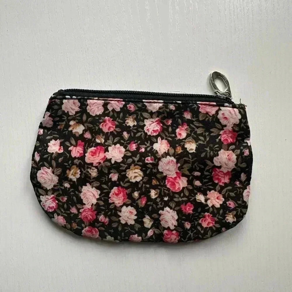 Small Floral Print Zipper Pouch - Black and Pink Rose Makeup Bag, 5x4 Inches - Picture 1 of 2